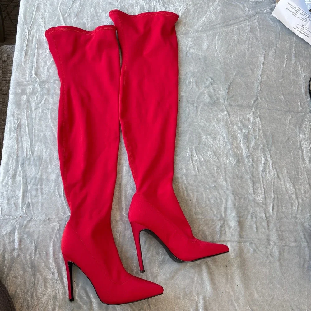 Slammin SLAM01S1 Women Red Stretch Fabric Over The Knee Stiletto Boots 8M
